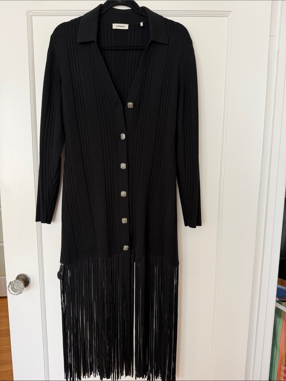 Sandro Black Long-Sleeve Knit Fringe Button Dress